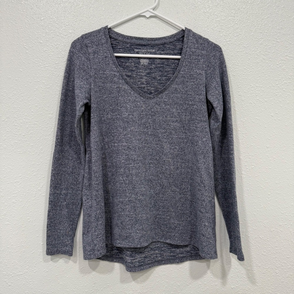 American Eagle Soft Sexy Plush Long Sleeve‎ V Neck Heathered Blue Top Size S